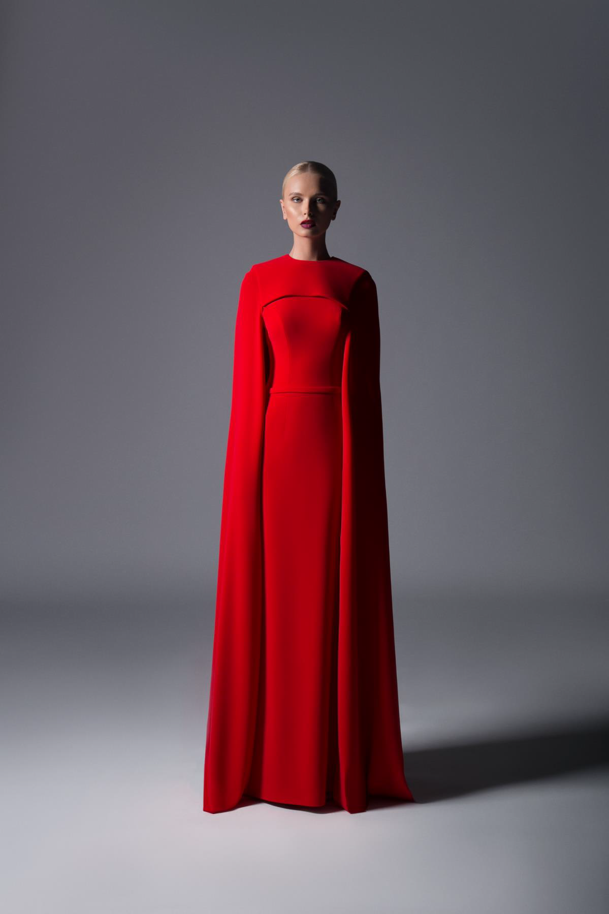 Long Cape Sleeve Crepe Evening Gown - District 5 Boutique