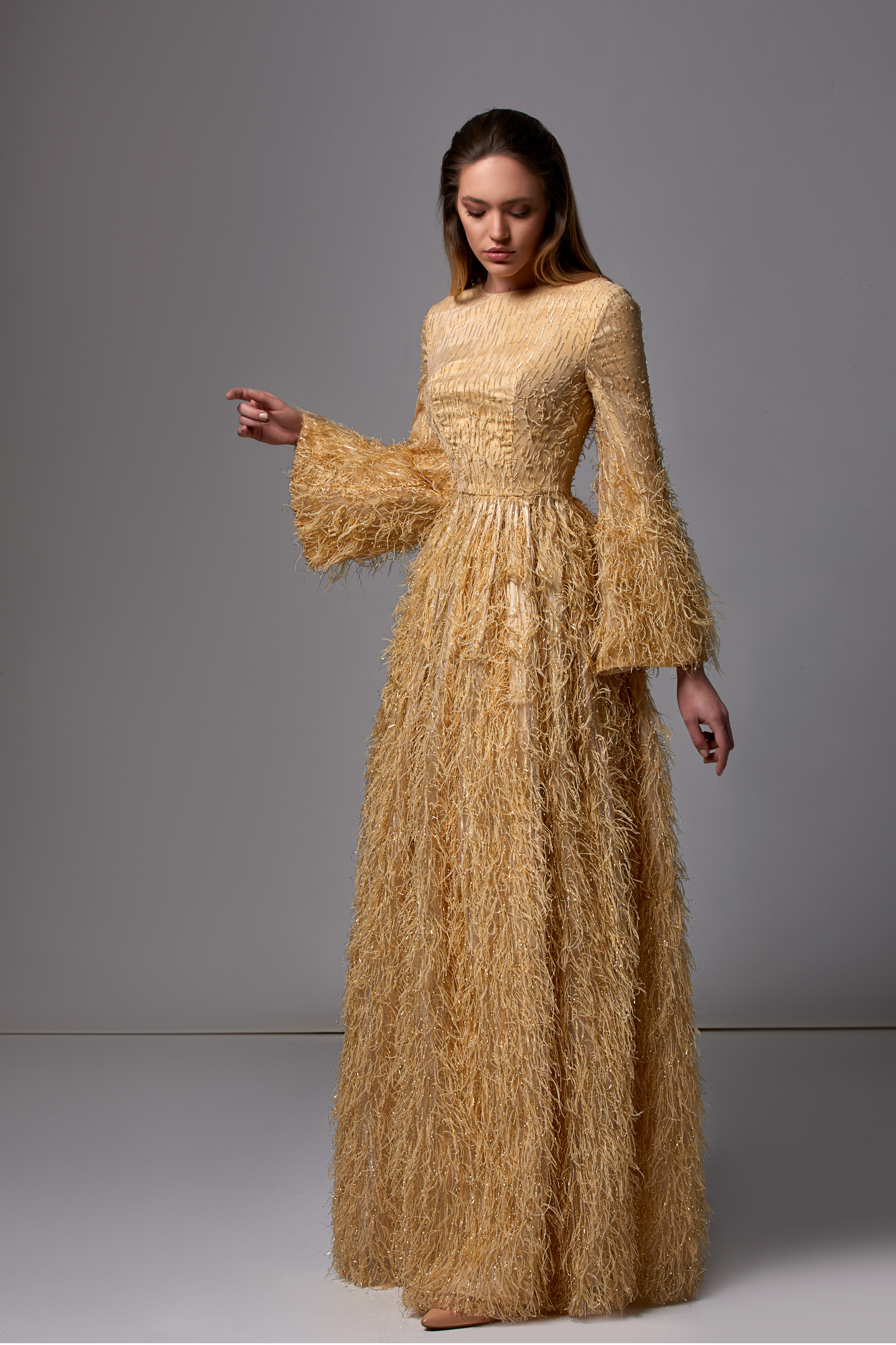 French Novelty: Andrea and Leo A1120 Glitter Trickle Bell Sleeve Gown