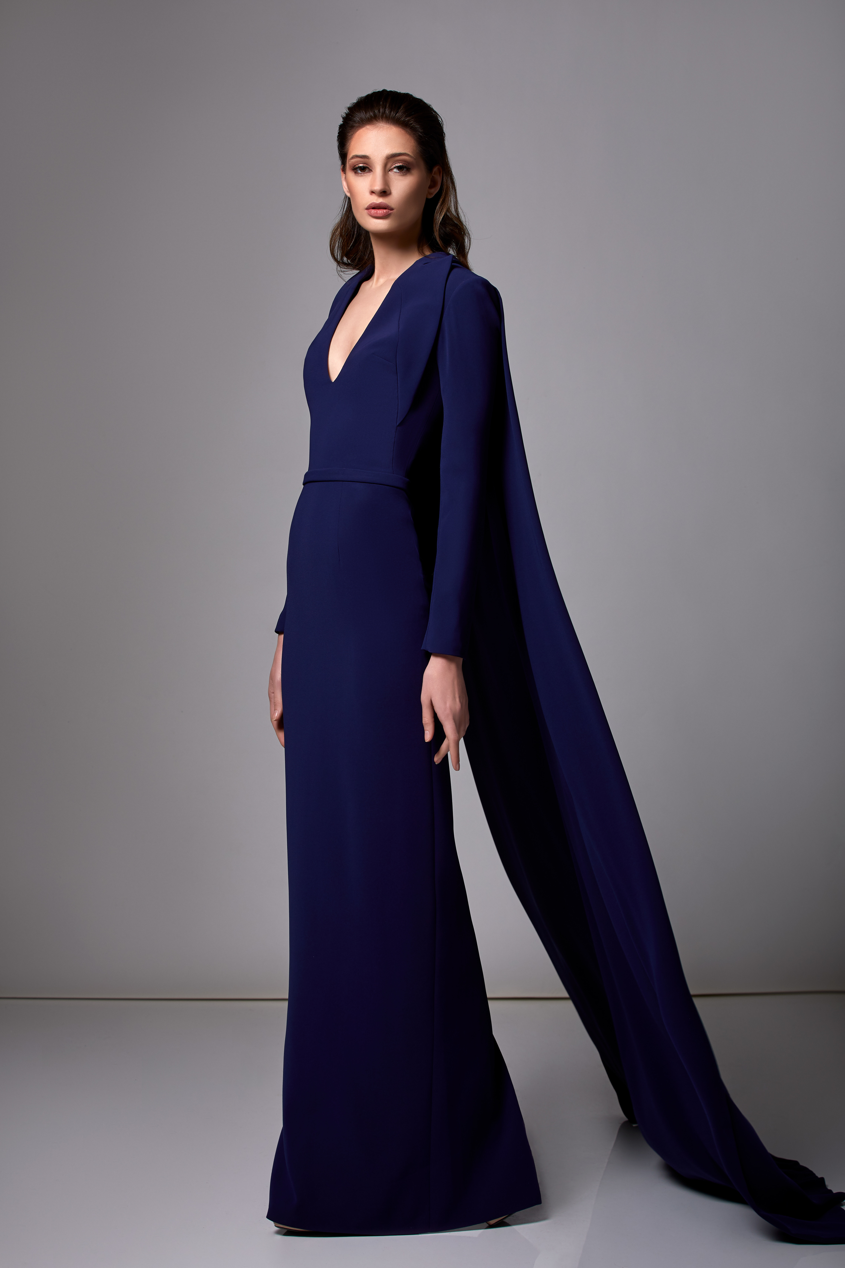 Edward Arsouni Long Sleeve Crepe Gown with Cape - District 5 Boutique