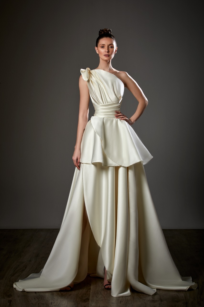 Terani Couture 231M0333 Peplum Shawl Style Formal Gown |  NorasBridalBoutiqueNY
