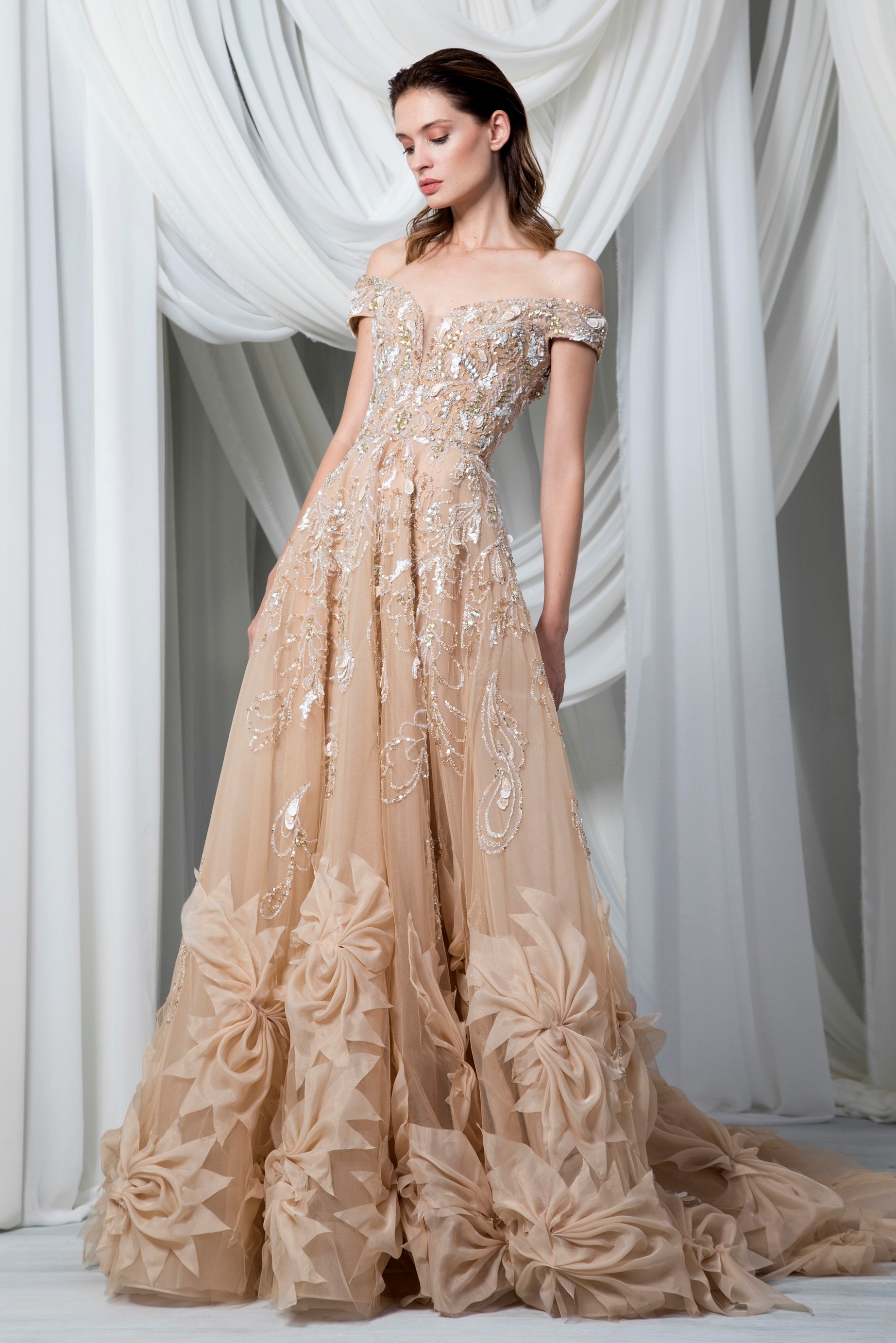 Rose Gold Sequin Off-shoulder Sleeved Prom Dress - Promfy