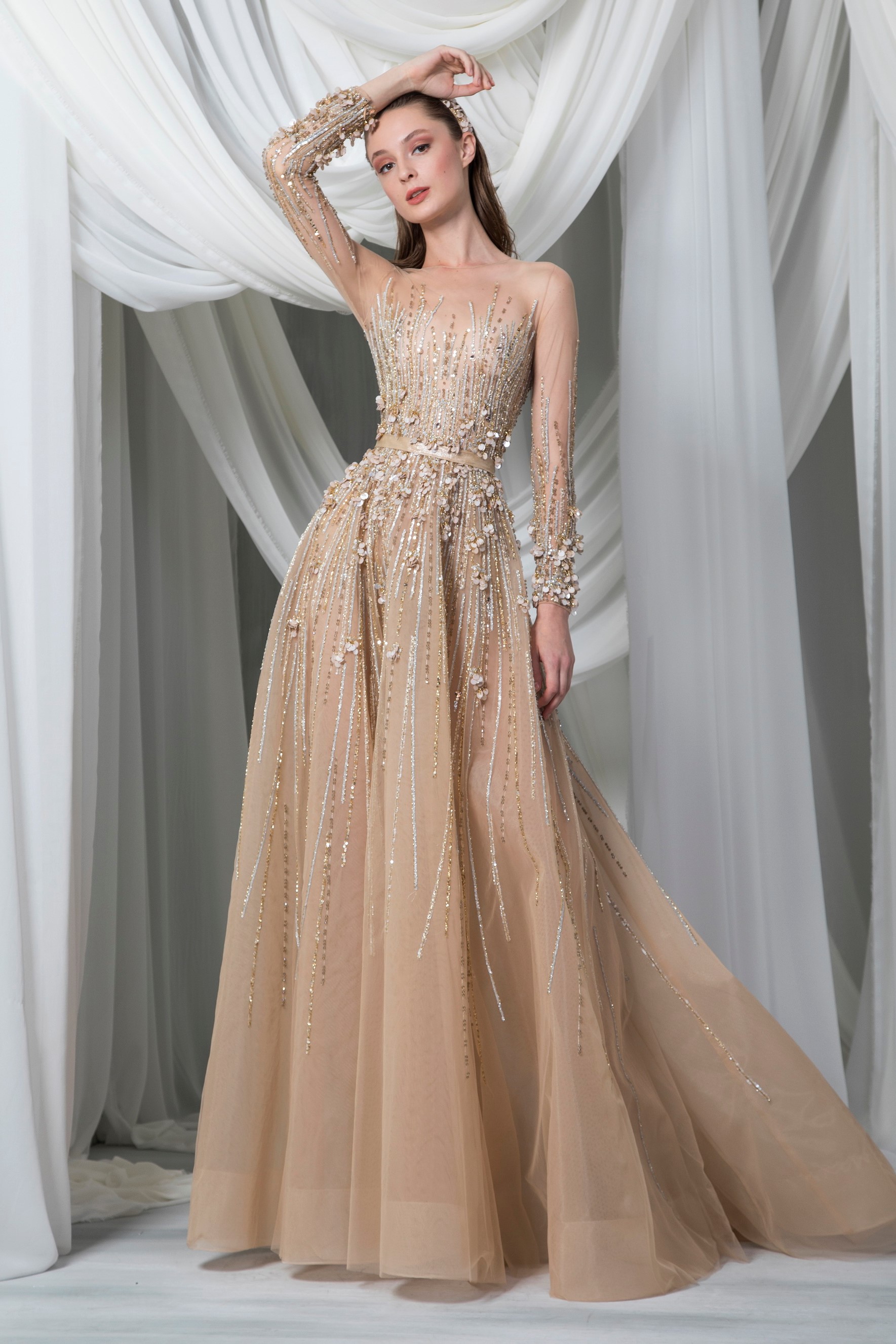 Long Sleeve Embroidered Tulle Gown
