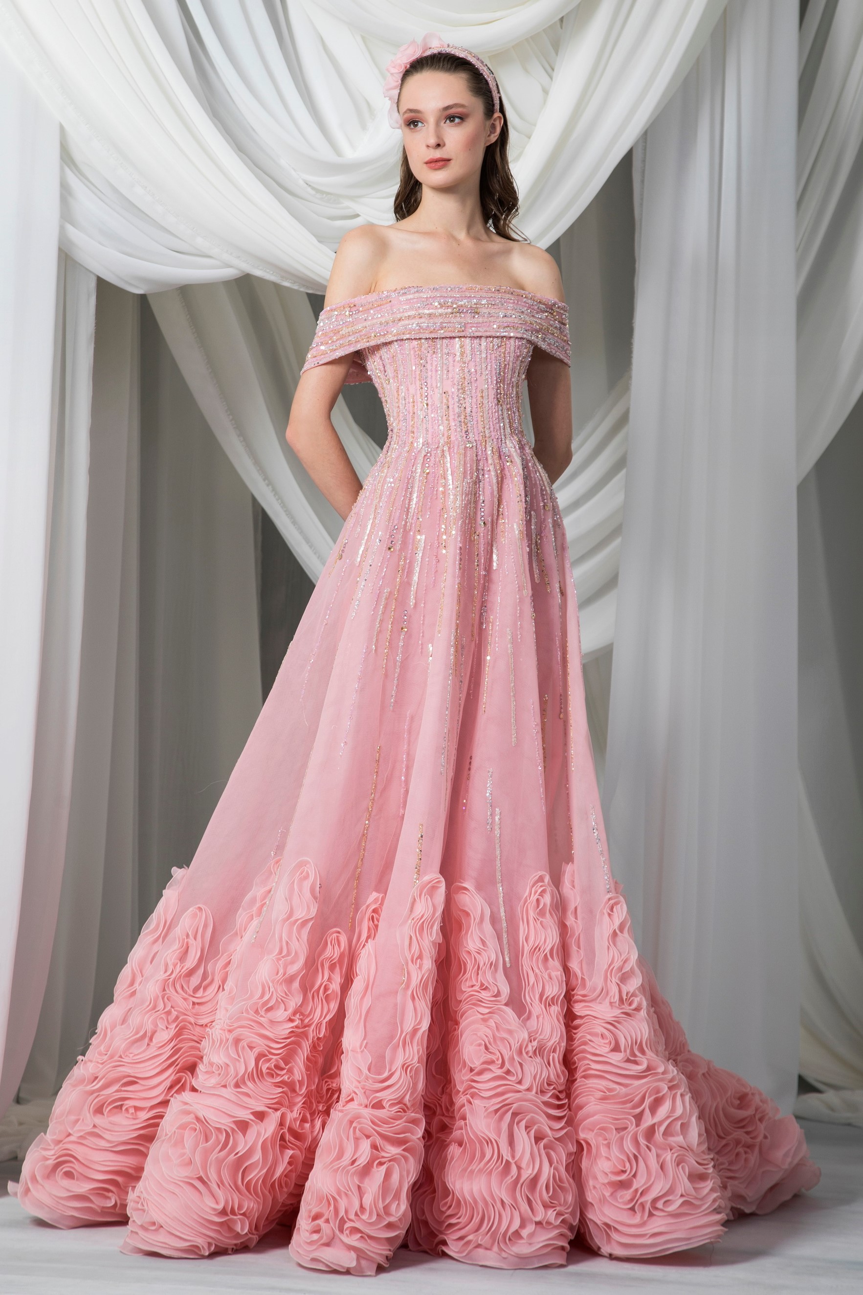 Ruby Pink Off Shoulder High Low Gown