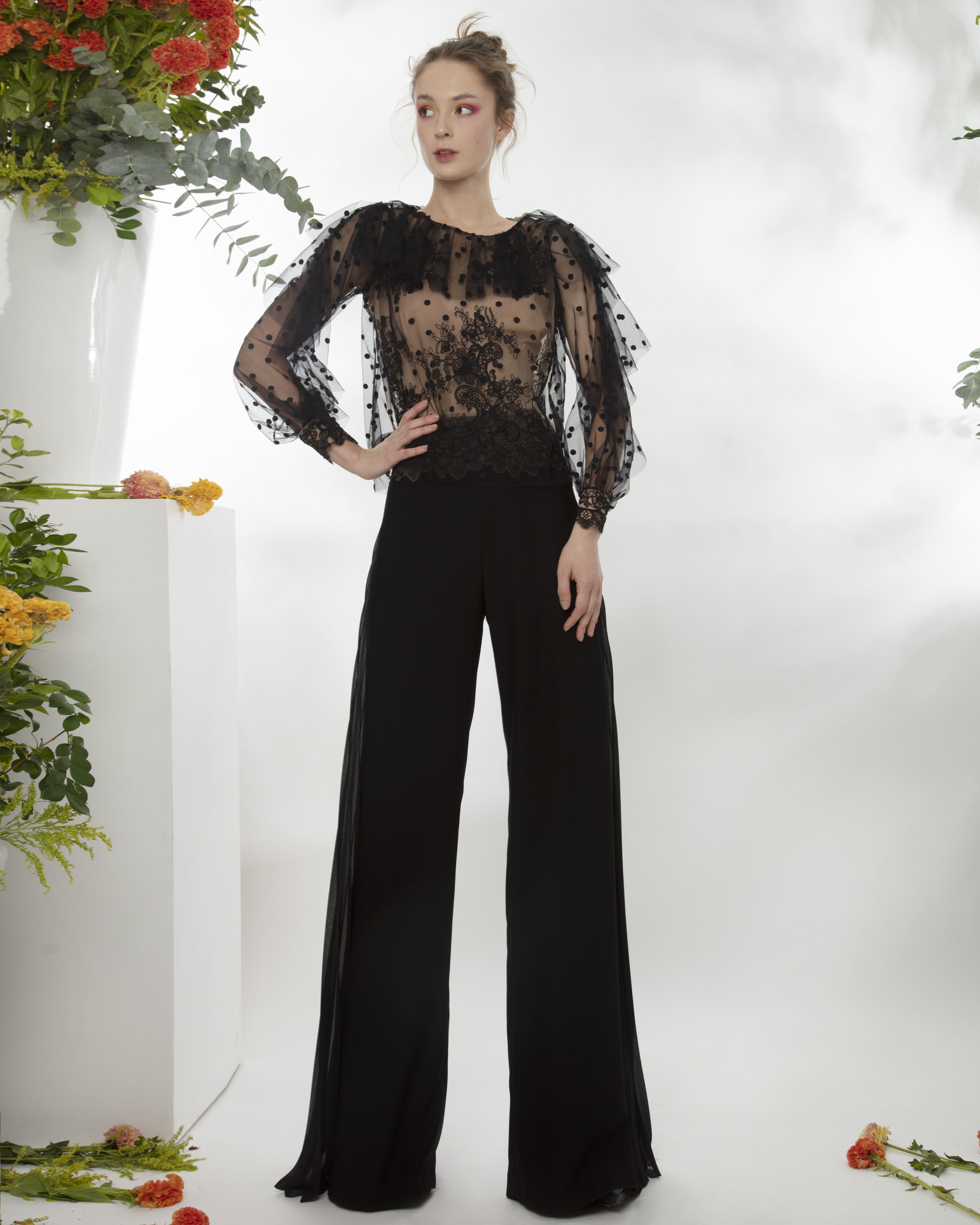 Gemy Maalouf Lace Top With Ruffles and Pants - District 5 Boutique