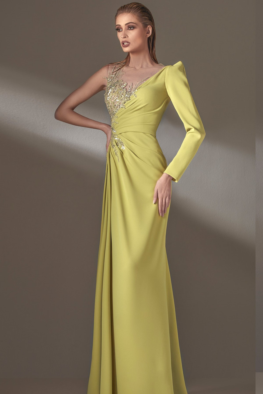 Mnm Couture One Shoulder Illusion Draped Gown