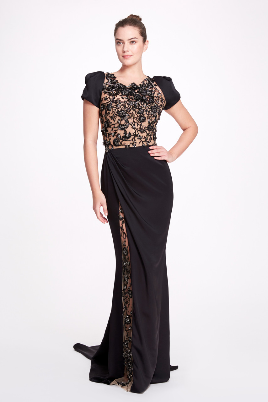 Marchesa Back Bow Short Sleeve Slit Gown