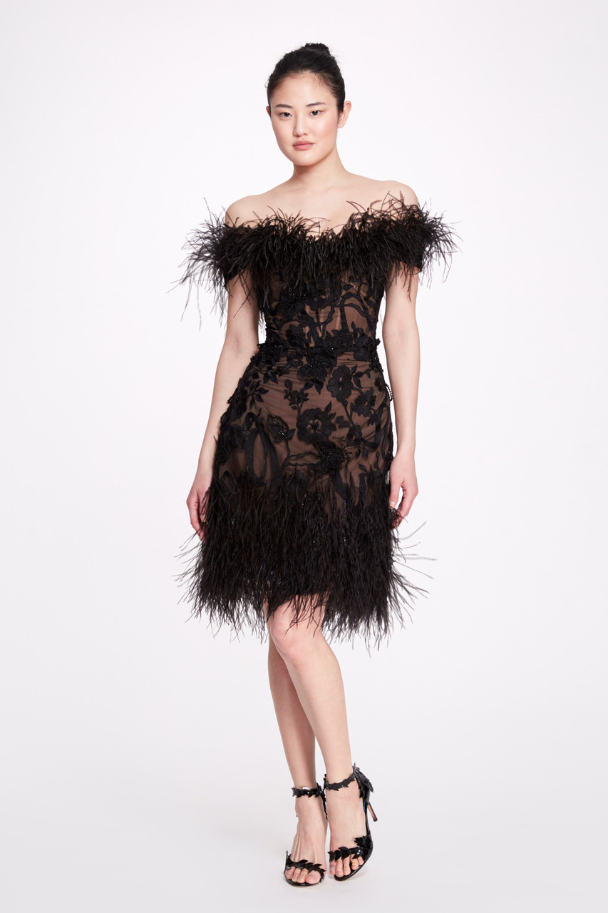 Marchesa Feathered Off Shoulder Dress