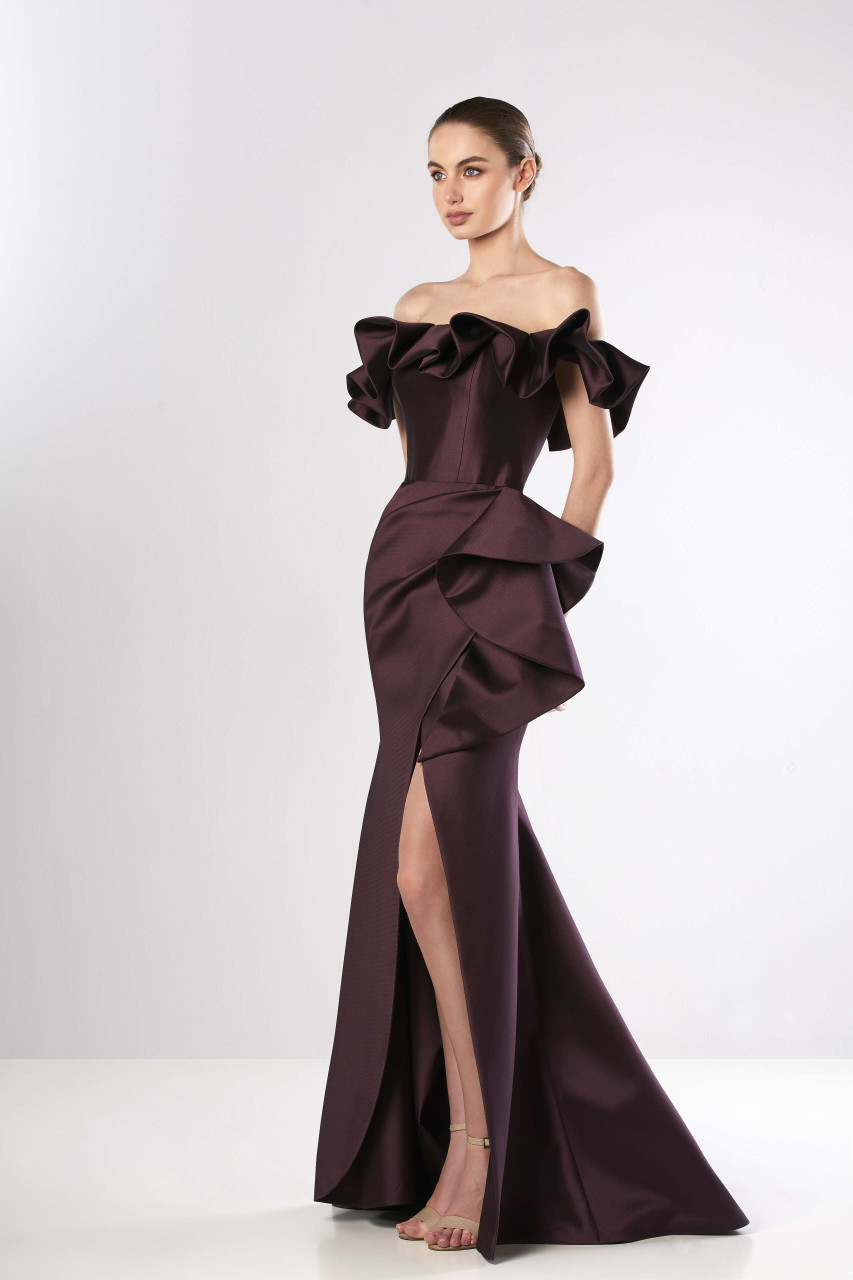Edward Arsouni Ruffled Off Shoulder Faille Gown