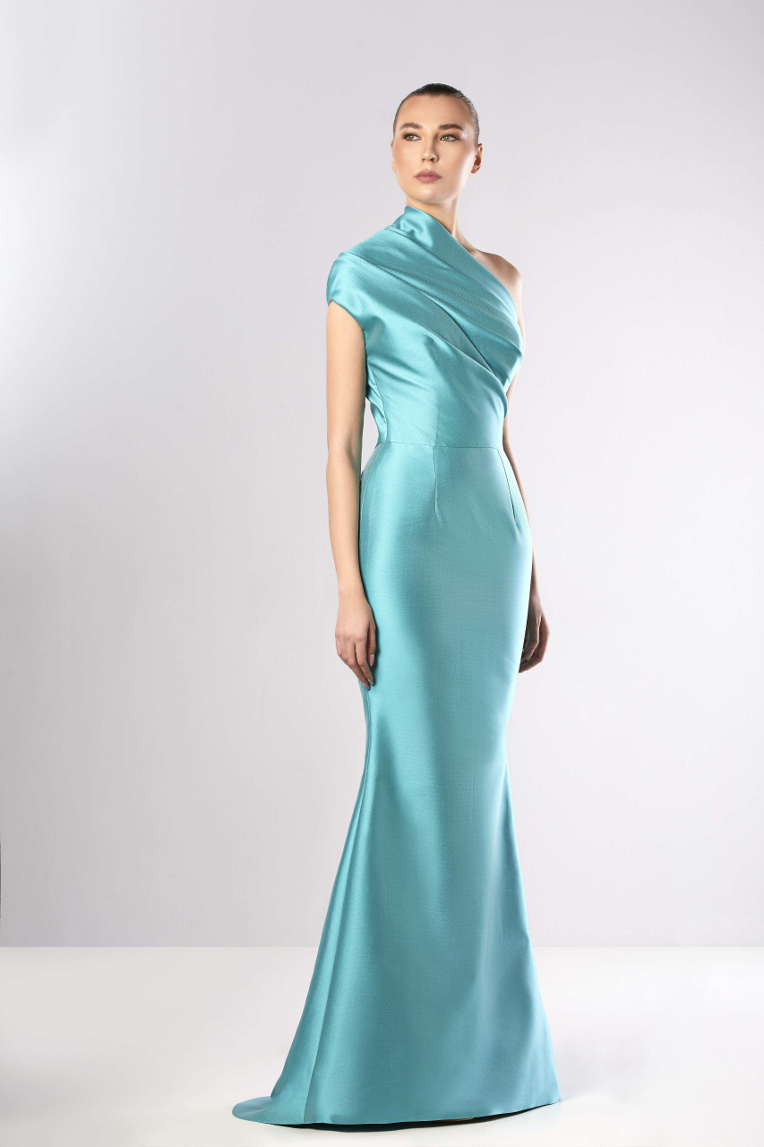 Edward Arsouni Asymmetrical Neck Faille Gown