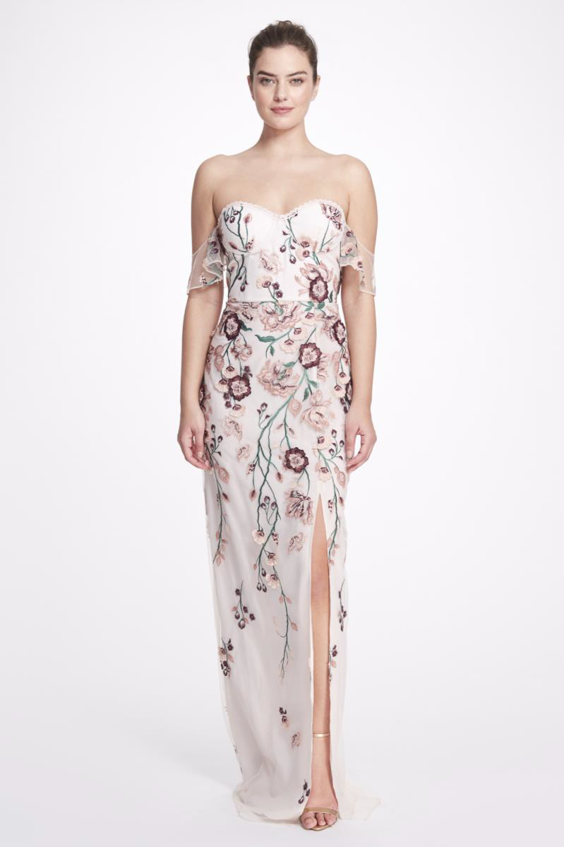 Marchesa Notte Off The Shoulder Embroidered Tulle Gown