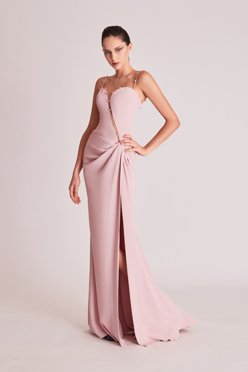 Gatti Nolli By Marwan Beaded Spaghetti Strap Gown