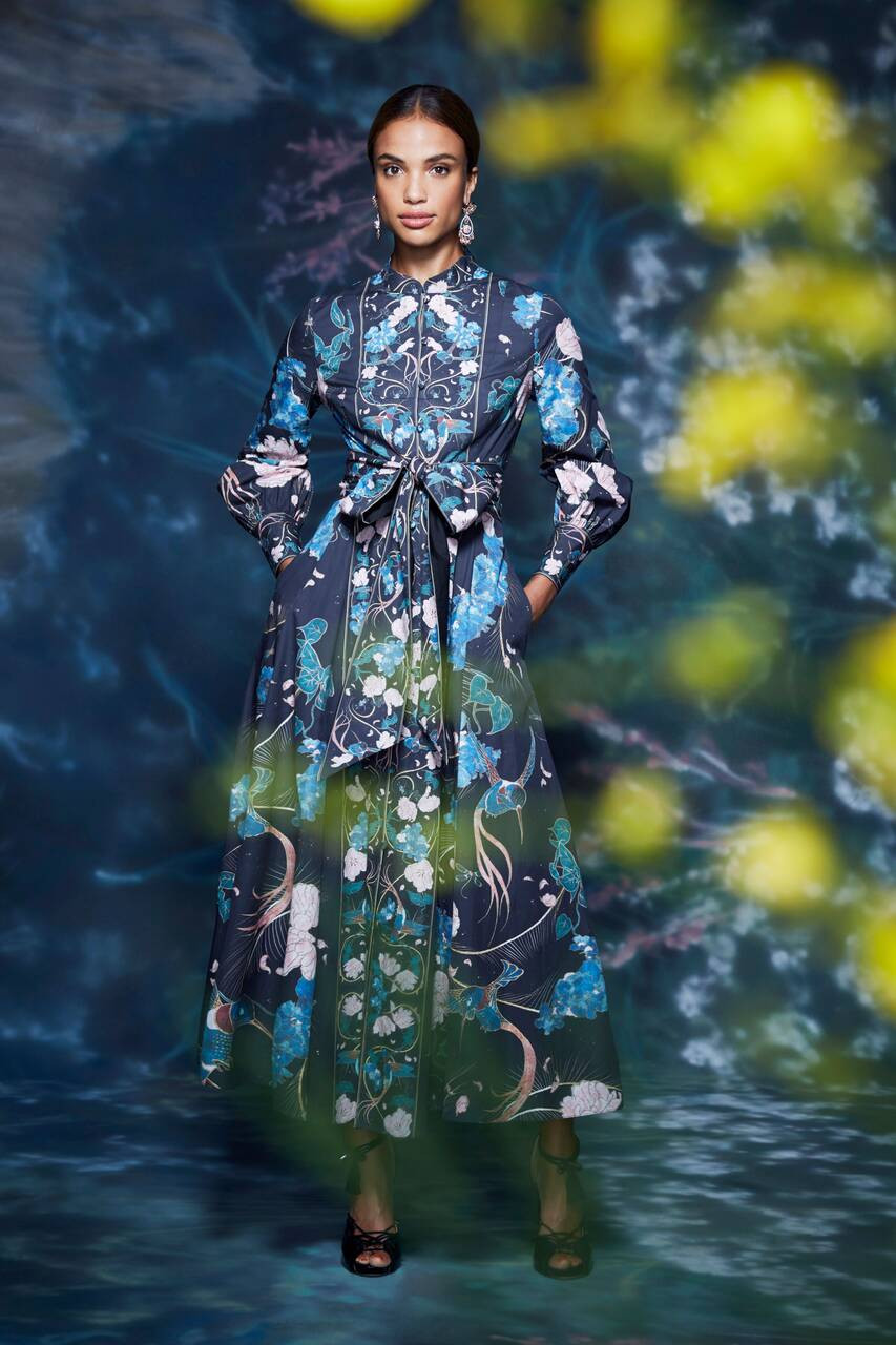 Marchesa Long Sleeve Floral Multi Midi Dress