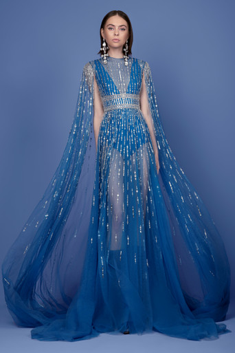 Georges Hobeika Beaded Tulle Illusion Gown with Shawl - District 5 Boutique