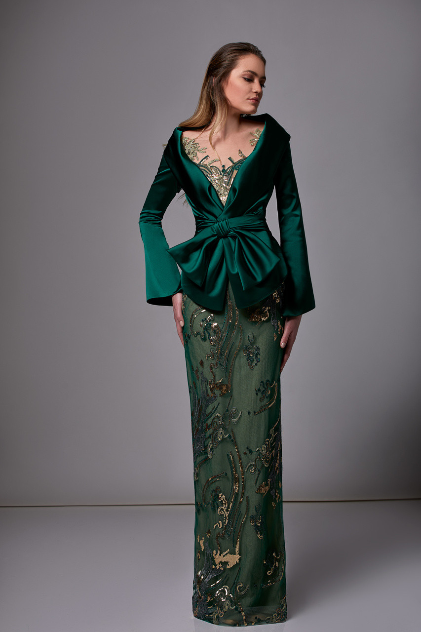 Edward Arsouni Embroidered Lace With Satin Blazer Gown