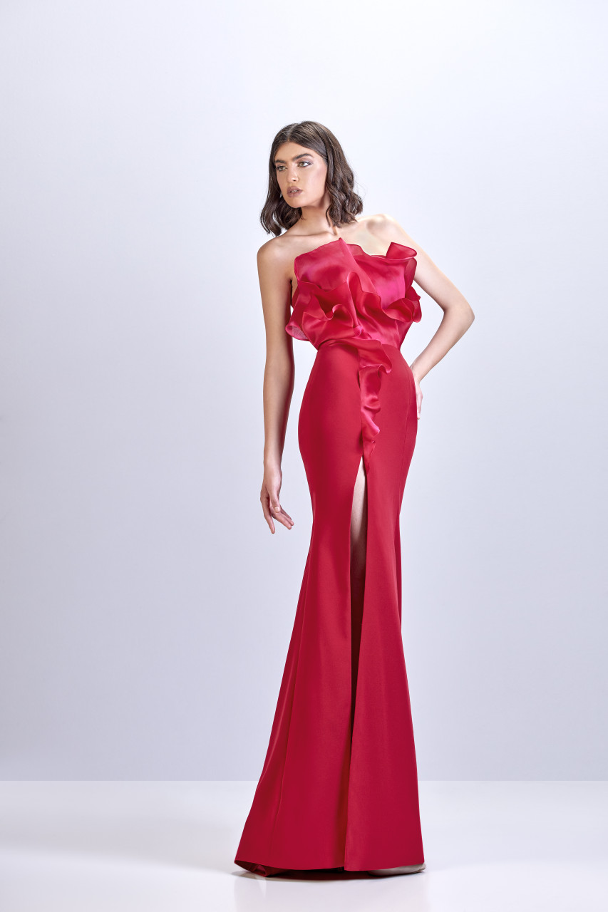 Apollo Couture Gown With Organza Bodice In Red | ModeSens