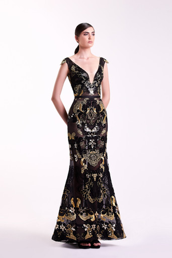 Edward Arsouni Black and Gold Lace Gown- District 5 Boutique