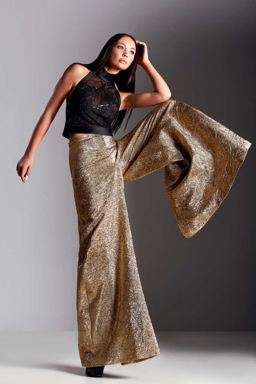 Edward Arsouni Two Piece Gold Pants With Lace Top