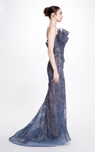 Marchesa Couture Halter Stretch Crepe and Tulle Gown - District 5