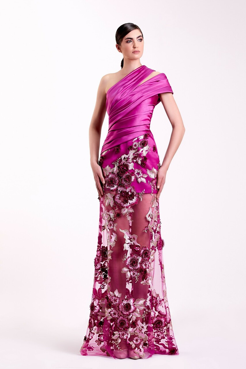 Edward Arsouni One Shoulder/ Crepe And Satin Gown