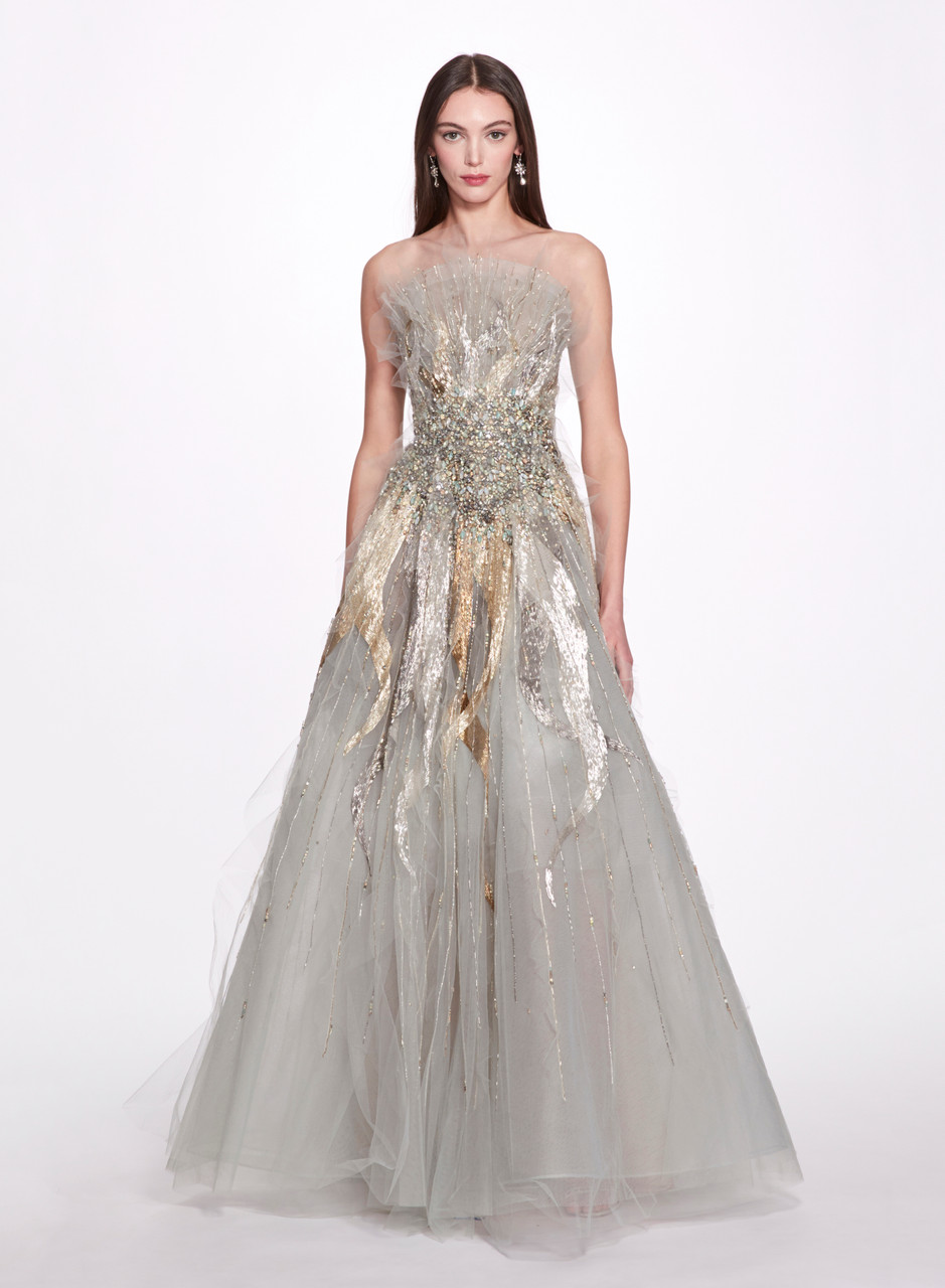 Click to view more detailed imagery on our partner's website Marchesa Crystal Beaded Sun Ray Tulle Ball Gown In Light Mint