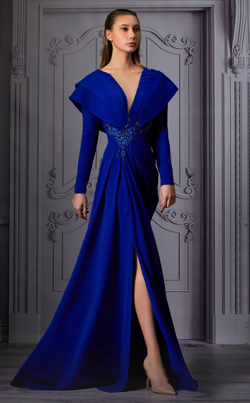 Mnm Couture Long Sleeve Draped Shoulder-slit Gown