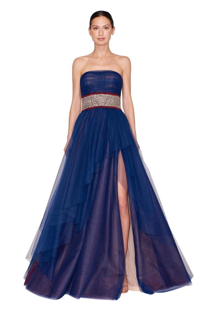 Reem Acra Strapless Embroidered Belt Gown