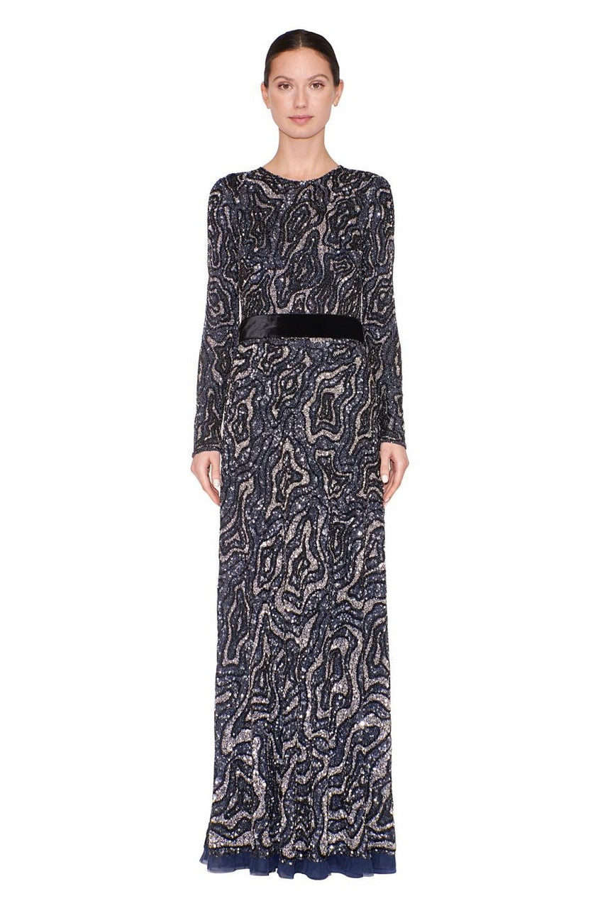 Reem Acra Long Sleeve Velvet Waistband Gown