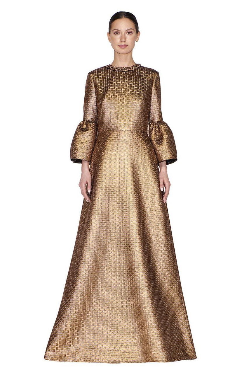 Reem Acra Gold Long Balloon Sleeve Caftan Gown