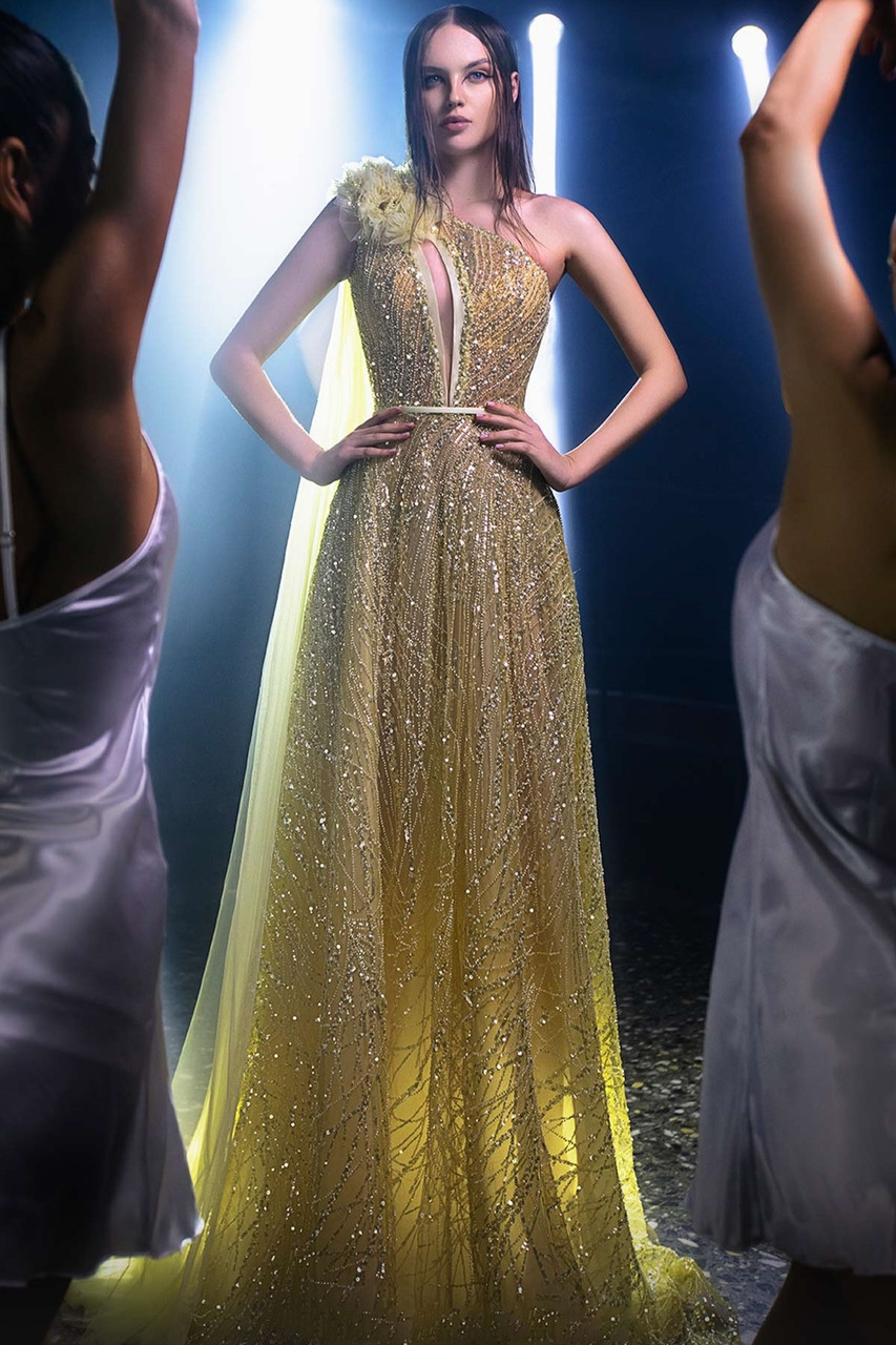 Mnm Couture Asymmetrical Sequin Gown