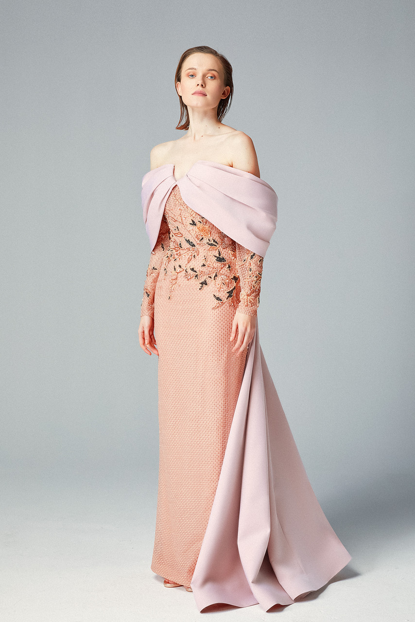 Gatti Nolli By Marwan Draped Off Shoulder Gown