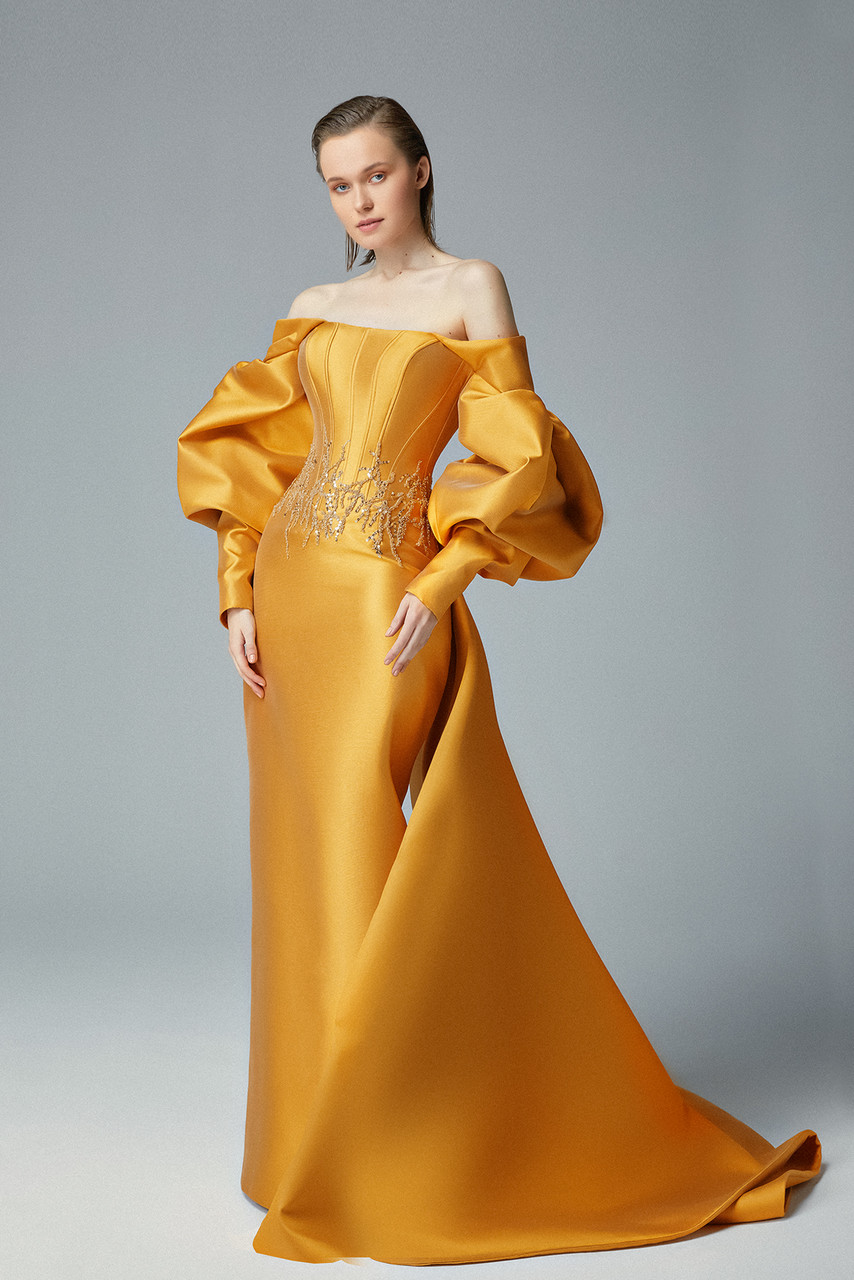 Gatti Nolli By Marwan Strapless Balloon Sleeve Gown