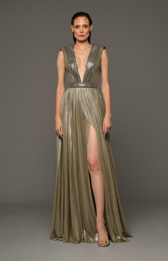 JEAN-LOUIS SABAJI Draped Foiled Tulle Gown - District 5 Boutique