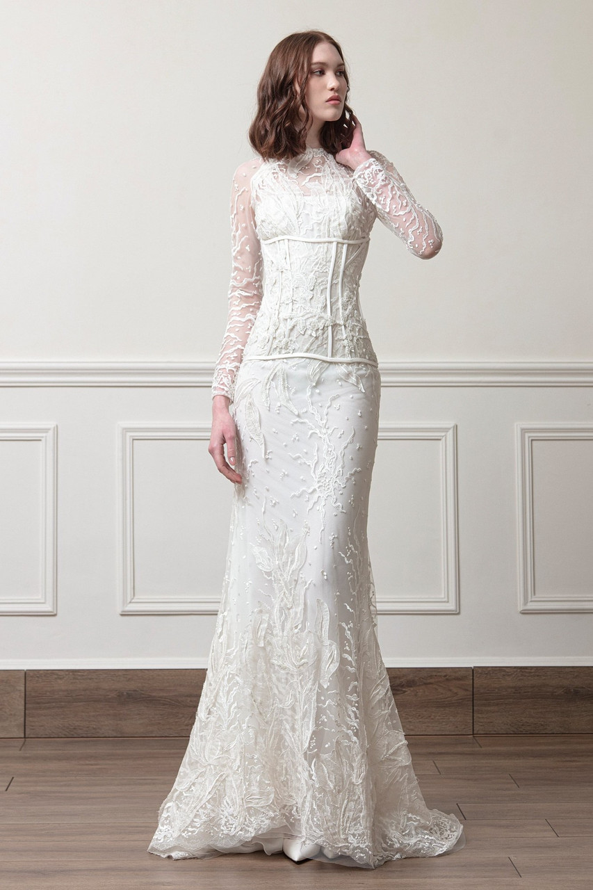 Georges Chakra Long Sleeve Lace Embroidered Gown