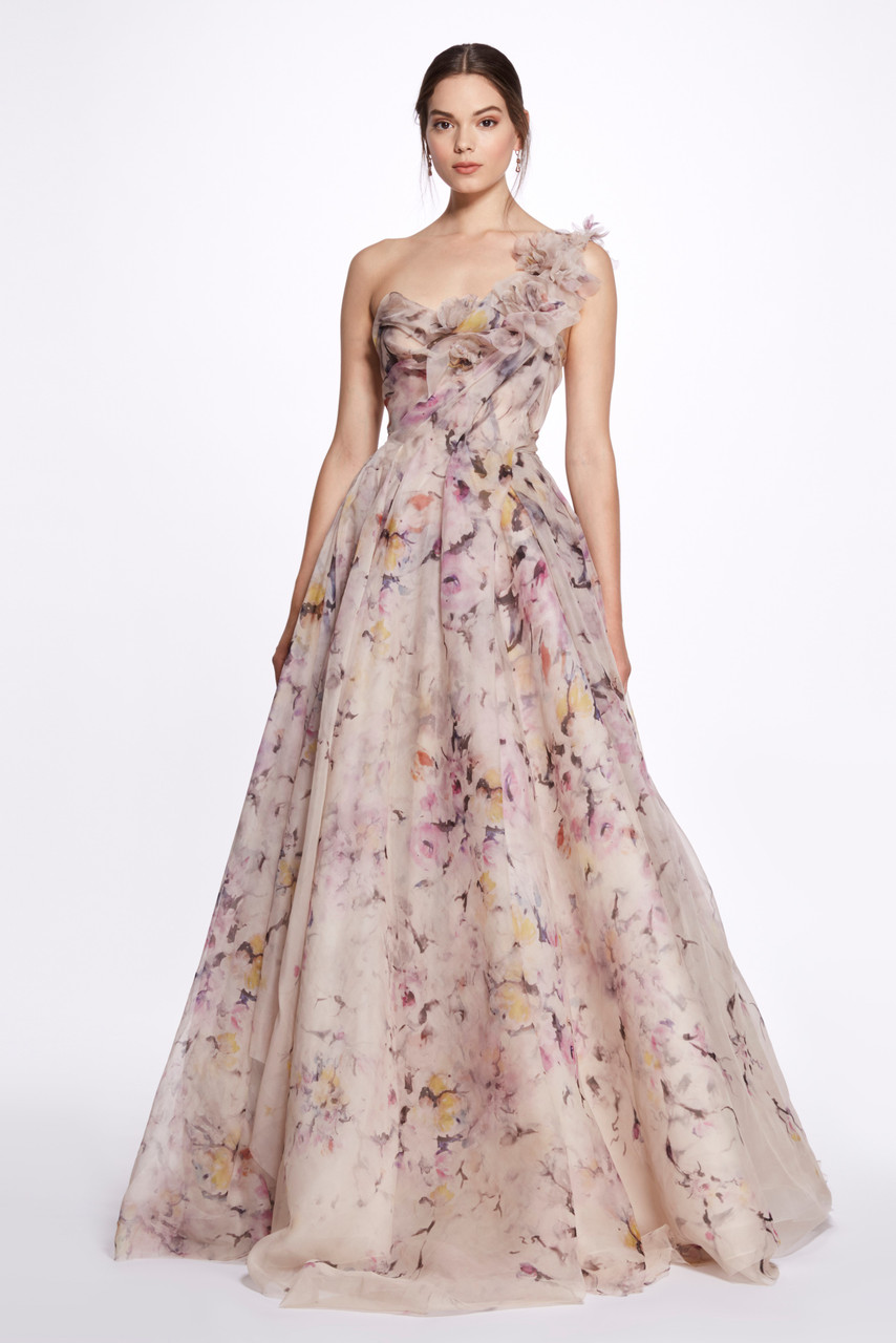 Shop Marchesa One Shoulder Print Ball Gown