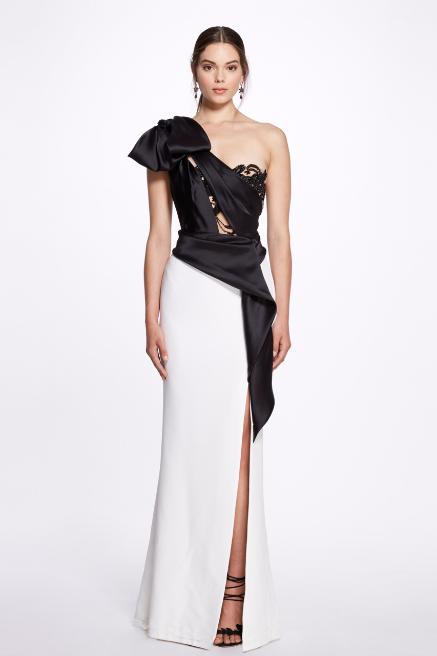 Marchesa One Shoulder Organza And Crepe Gown In Black White