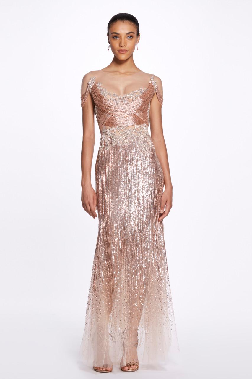 Shop Marchesa Bugle Bead And Sequin Fringe Gown