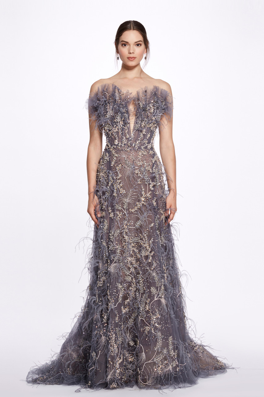 MARCHESA CRYSTAL AND FEATHER EMBROIDERED GOWN