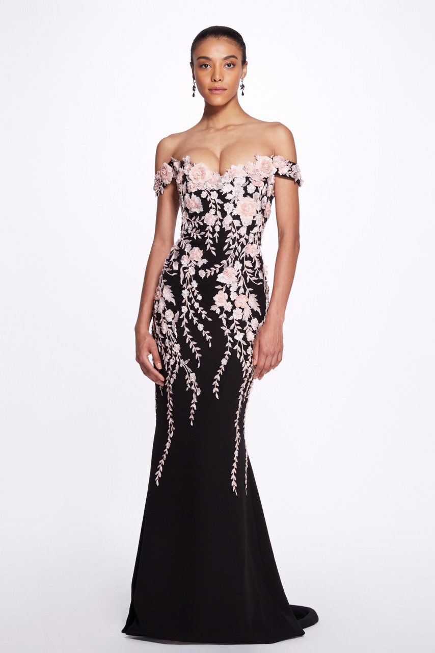 Shop Marchesa Off The Shoulder Stretch Crepe Gown