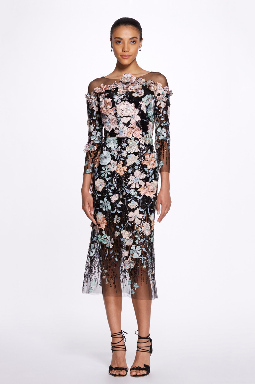 Shop Marchesa Long Sleeve Sequin Floral Midi Dress