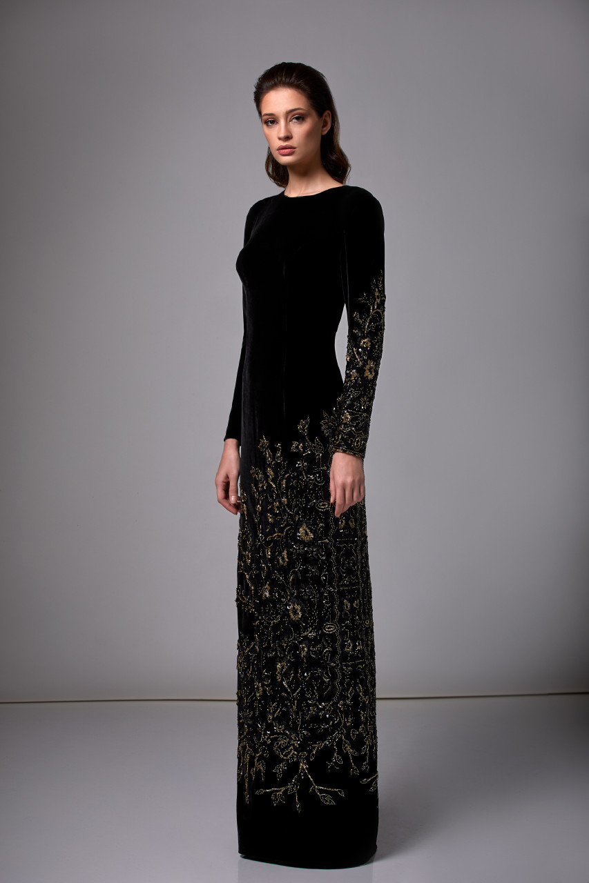 Edward Arsouni Beaded Long Sleeve Velvet Column- Gown