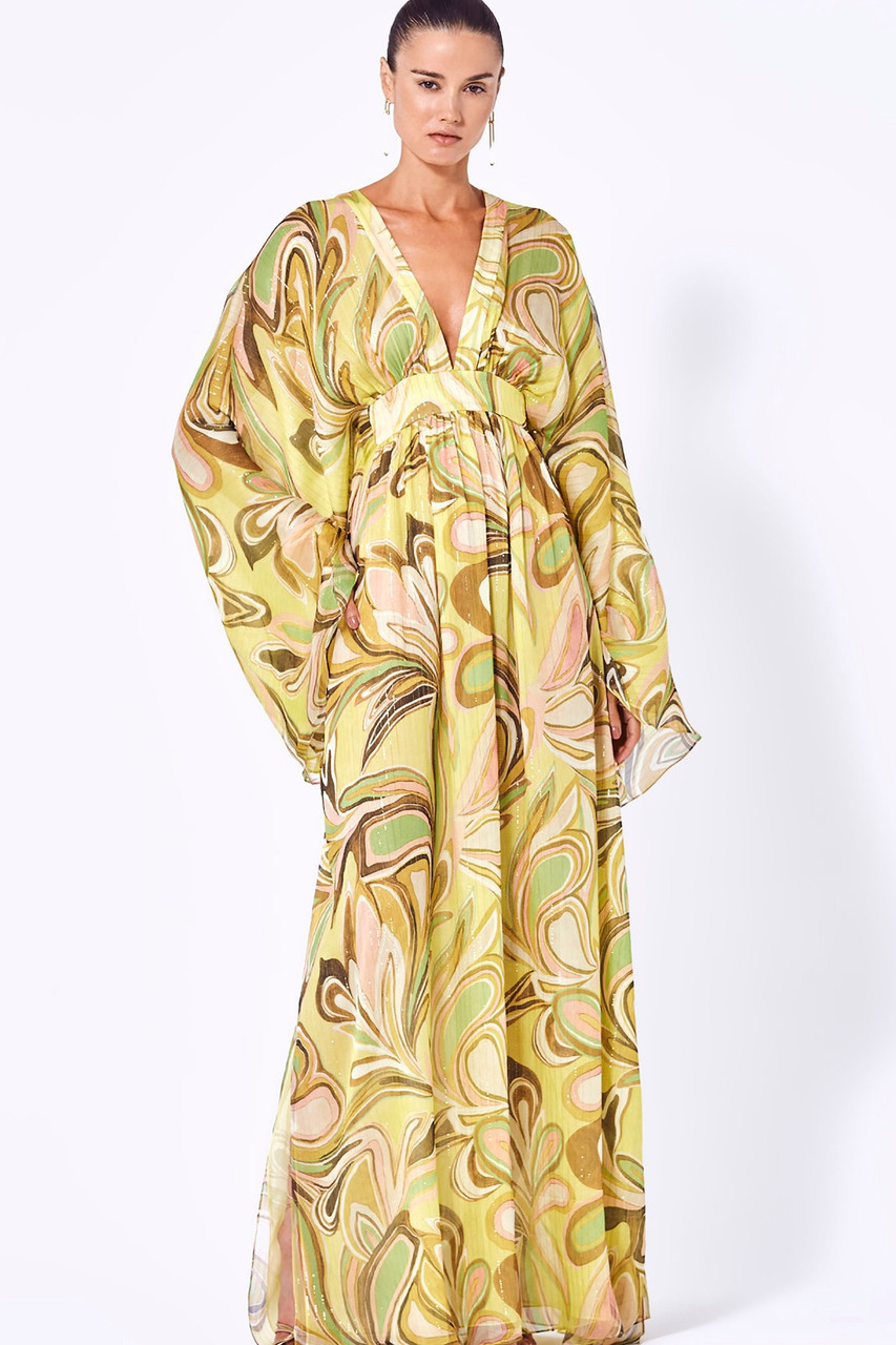 Alexis Sydney Bell-sleeve Silk Empire Maxi Dress In Golden Etheral ...