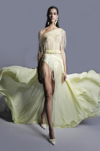 Georges Hobeika Beaded Tulle And- Chiffon Fringe Gown