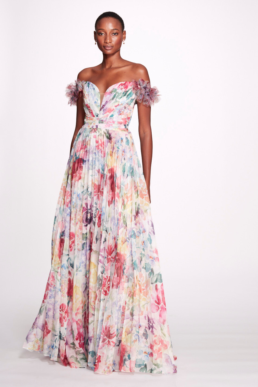 Shop Marchesa Notte Off The Shoulder Print Gown