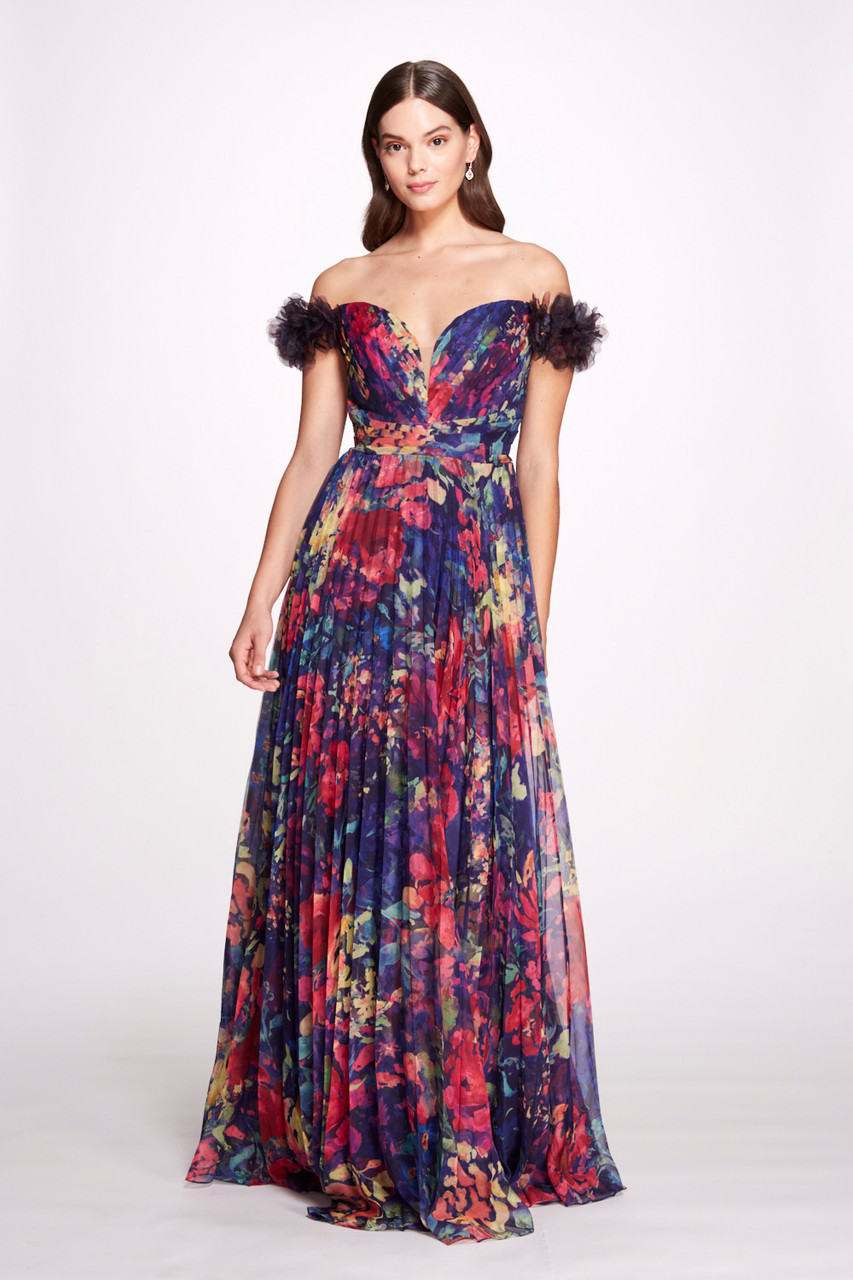 Marchesa Notte Copy Of Off The Shoulder Print Gown
