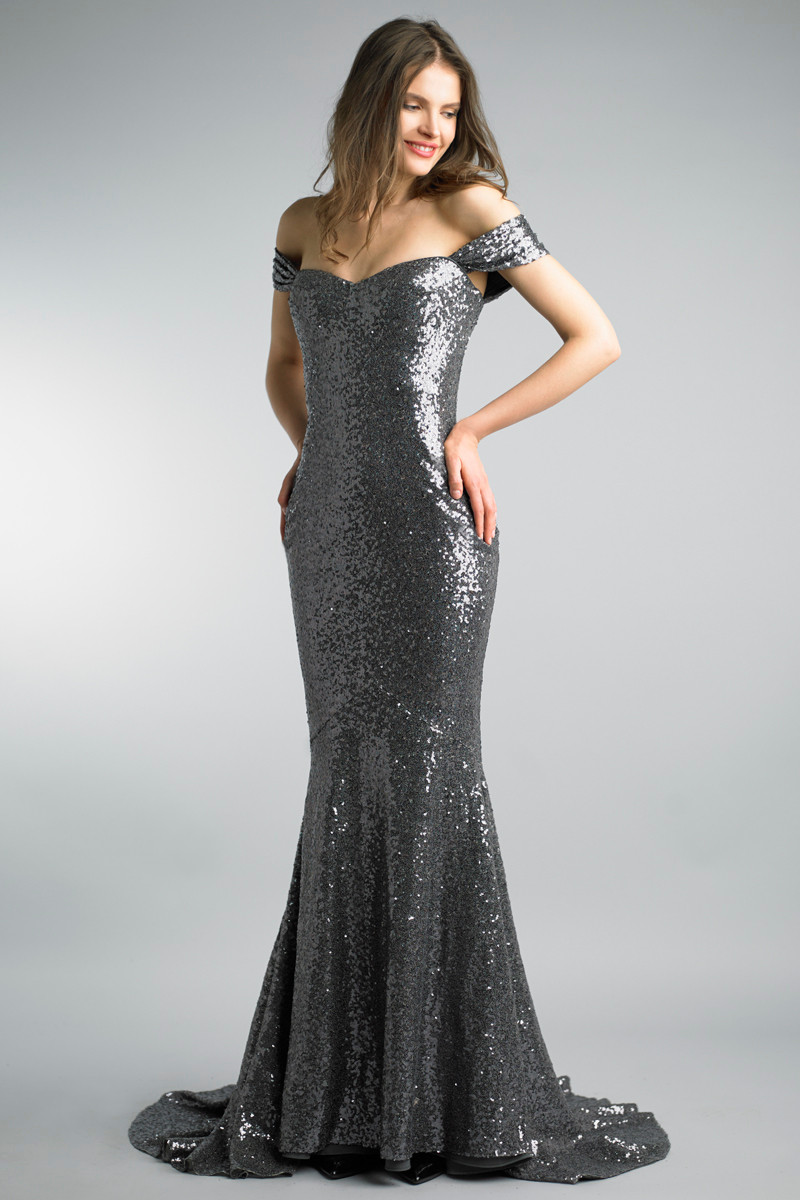 Shop Basix Black Label Charcoal Sequined Evening Gown