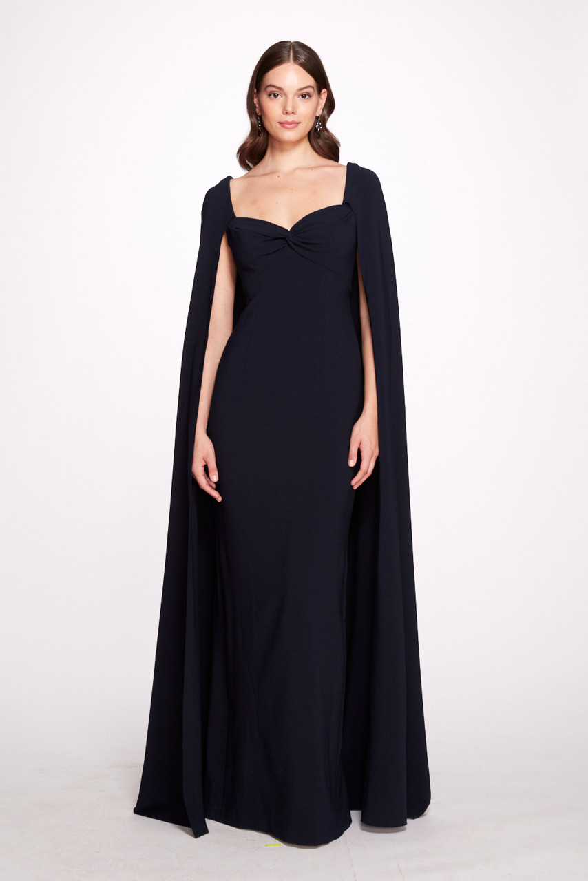 Marchesa Notte Stretch Crepe Cape Gown In Navy