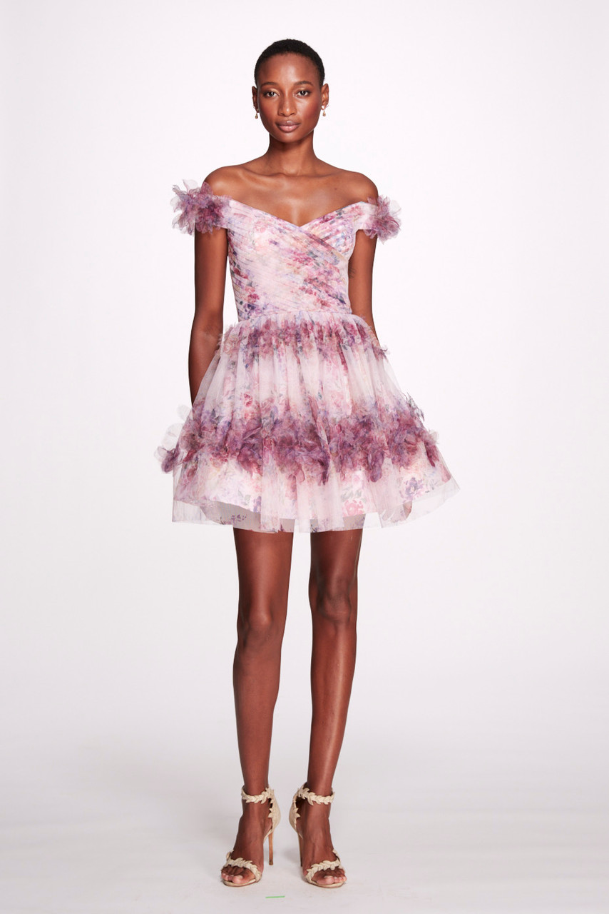 Marchesa Notte Watercolor Garland Print Mini Dress In Violett