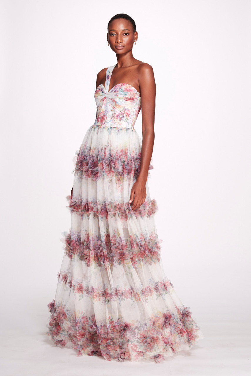 Marchesa Notte Watercolor Garland Print Tulle Gown