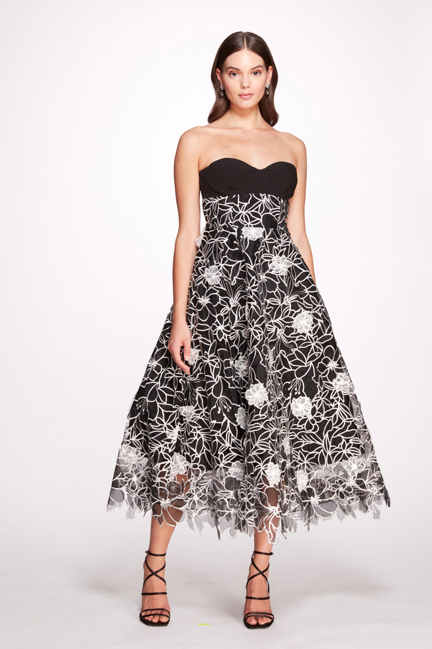 Shop Marchesa Notte Strapless Infinity Cutwork 3d Midi Dress