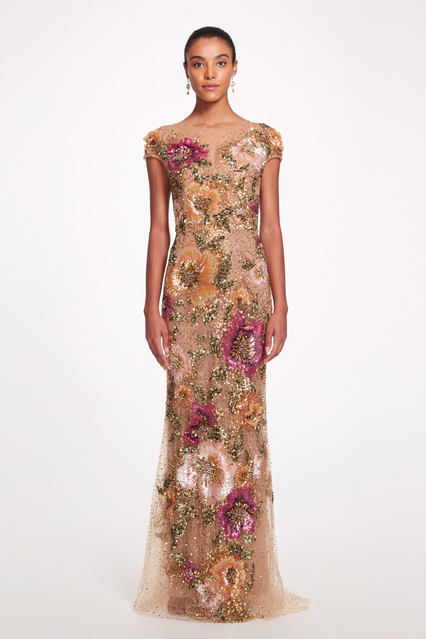 Shop Marchesa Embroidered Illusion Tulle Gown